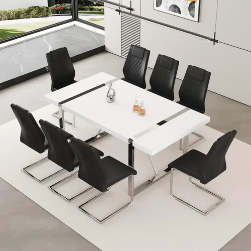 Vista 35 de Juego de mesa de comedor moderna de 55 pulgadas para 4, mesa de comedor negra y marco de metal dorado, mesa de comedor rectangular con 4 sillas