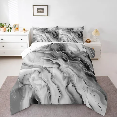 Vista 23 de Feelyou Juego de edredón abstracto para todas las estaciones, juego de ropa de cama negro y azul con 1 funda de almohada con estampado de mármol