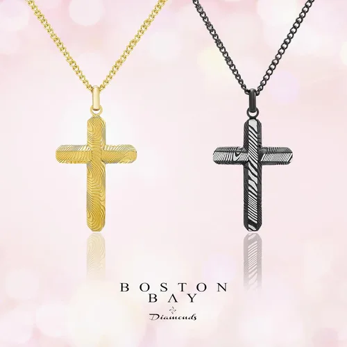 Vista 4 de Boston Bay Diamonds Men's Cross Pendant Necklace in Damascus 316L Stainless Steel on 24" Curb Chain, Elegant Choice of Colors for Fashion with Faith