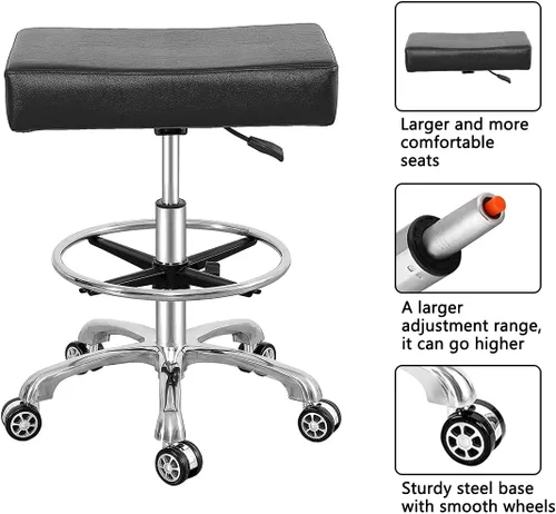 Vista 5 de Antlu Taburete giratorio ajustable para masaje, oficina, tatuaje, cocina, taburete de trabajo resistente con ruedas (negro, con reposapiés)