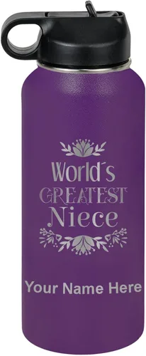Vista 57 de LaserGram Botella de agua con tapa abatible de doble pared de 12 onzas con pajilla, sobrina más grande del mundo, grabado personalizado incluido