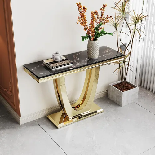 Vista 31 de Mesa de centro de 47 pulgadas de mármol negro con base en forma de U de acero inoxidable espejado, mesa central de parte superior rectangular