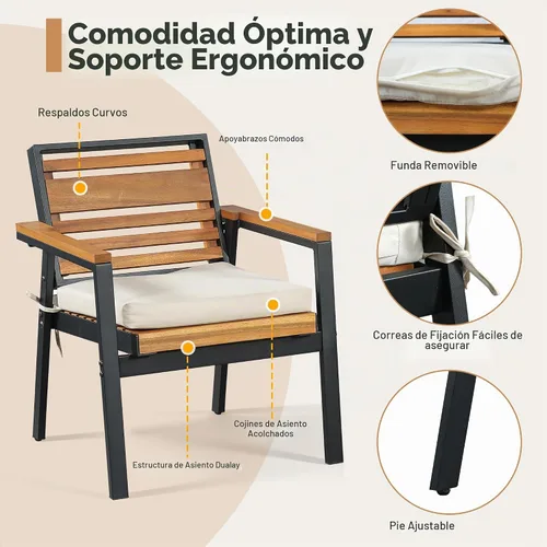 Vista 6 de Juego de comedor de patio al aire libre de 7 piezas, madera de acacia con marco de hierro, mesa rectangular para todo tipo de clima y 6 sillas