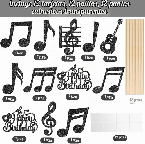 Vista 3 de Palillos de centro de mesa de notas musicales, 12 piezas de temática musical, decoración de cumpleaños, centros de mesa de fiesta musical, símbolos
