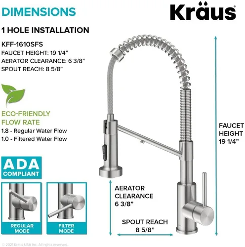 Vista 6 de Kraus Bolden 2-en-1 Grifo de cocina de estilo comercial con filtro de agua monomando extraíble para ósmosis inversa o sistema de filtración de agua