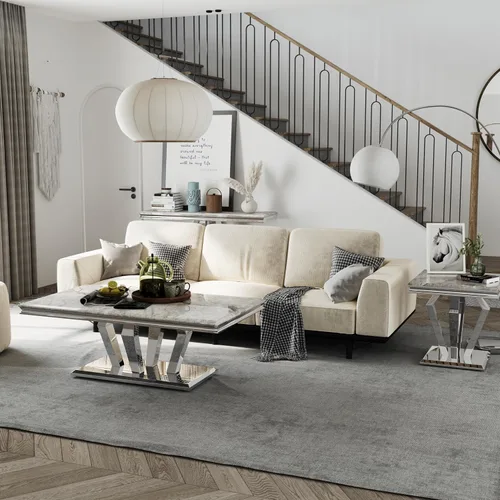 Vista 10 de ACEDÉCOR Mesa auxiliar cuadrada de 22 pulgadas, mesa auxiliar plateada con elegante parte superior de mármol sintético y base en forma de diamante