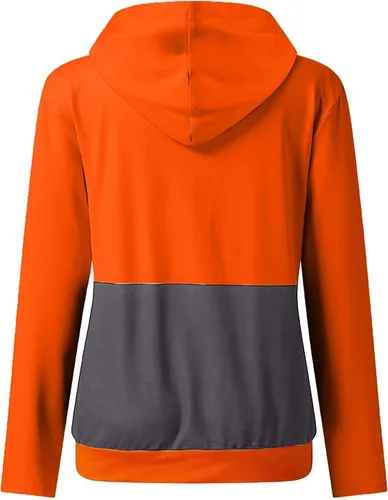 Vista 4 de HPJKLYTR Sudaderas con capucha de Halloween para mujer, diseño de calabaza en 3D, manga larga, bloque de color, cordón de ajuste, ajuste holgado