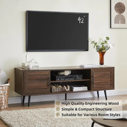 Vista 5 de EDYO LIVING Soporte de TV moderno de mediados de siglo para TV de 65 pulgadas, soporte de TV de madera con armario de almacenamiento y estante