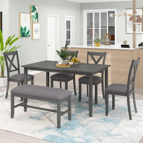 Vista 10 de LUMISOL Juego de mesa de comedor de 6 piezas, mesa de comedor rectangular de 60 pulgadas con sillas tapizadas y banco, juego de mesa de cocina
