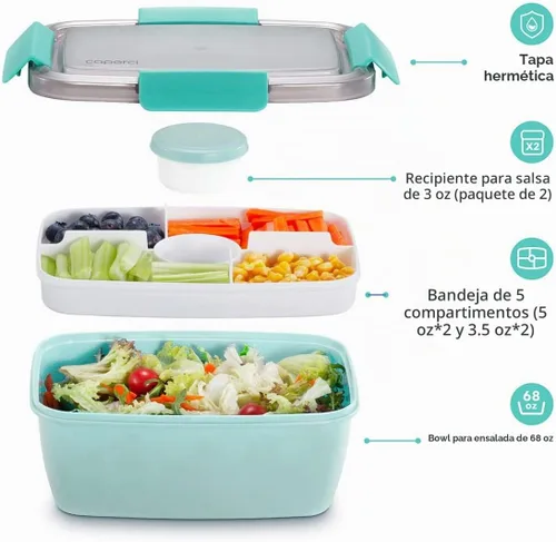 Vista 3 de Caperci Recipiente grande para ensalada para el almuerzo, lonchera Bento para adultos de 68 onzas, bandeja de 5 compartimentos, 2 tazas de salsa