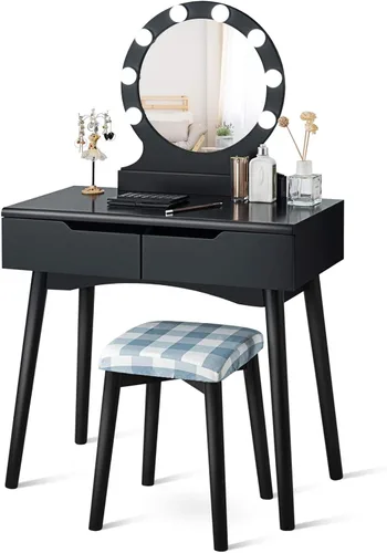 Vista 2 de Set de mesa de tocador Giantex con 8 bombillas y interruptor táctil, mesa de maquillaje para niñas princesa con espejo redondo grande, 2 cajones