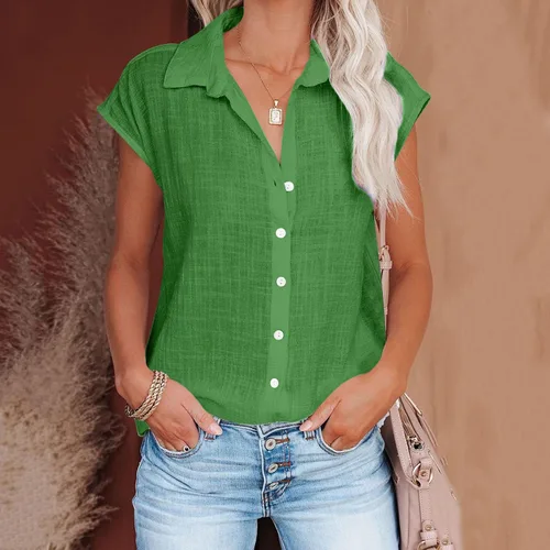 Vista 18 de Ceboyel Camisas para mujer de moda de verano, algodón, lino, manga corta, cuello con botones, blusa casual para mujer 2023