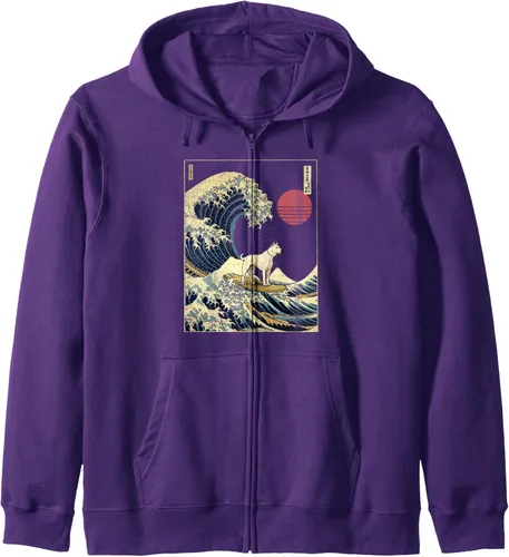 Vista 8 de Dogo Argentino - Sudadera con capucha japonesa Kanagawa Wave Funny Surf Dog, Negro