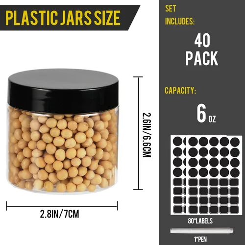 Vista 2 de Paquete de 40 tarros de plástico con tapas negras de 6 onzas, recipientes de plástico redondos de 6.1 fl oz Clear Cosmetic Jars,Refillable Empty
