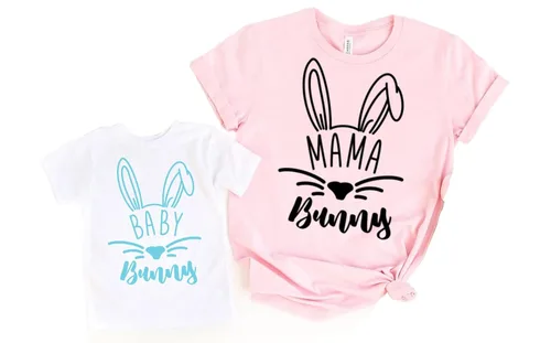 Vista 2 de Family Matching Bunny Rabbit Shirts, Customized Easter T-Shirts For Mama, Dada, Kids, Baby, Pastel Easter Eggs Print Graphic Tee, Children Casual