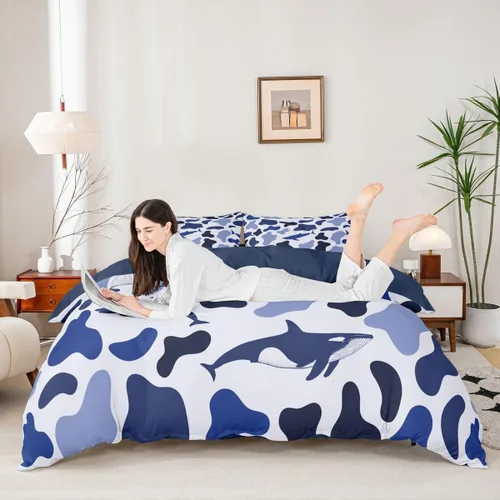 Vista 4 de Manfei Juego de funda de edredón de camuflaje de animales marinos, tamaño individual, juego de ropa de cama de camuflaje de tiburones y ballenas
