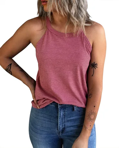 Vista 9 de KINLONSAIR - Camisetas sin mangas de verano para mujer con cuello redondo, estilo halter, para entrenamiento, casual, de tirantes, básicas A16_salmón