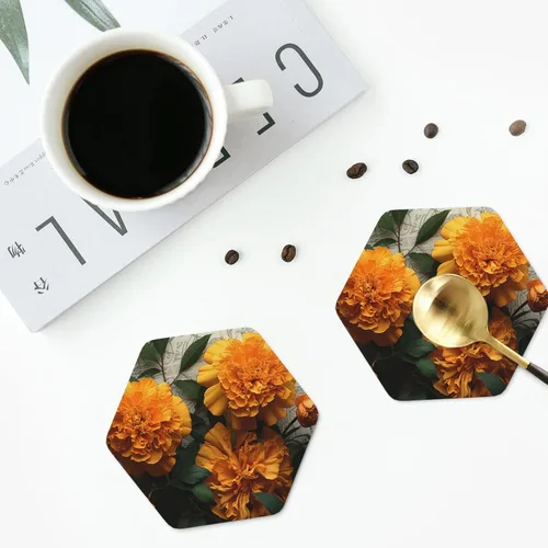 Vista 5 de 4Pcs Drink Coasters for Drinks Tabletop Protection, Marigold Leather Coaster for Kinds of Cups, Absorbent Cup Coaster for Coffee Table Home Decor 4