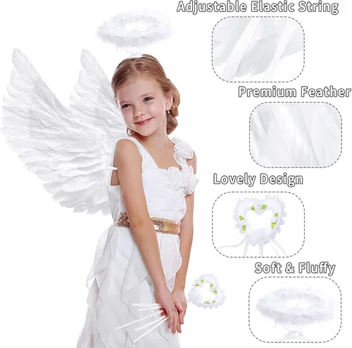 Vista 2 de Takmor Alas de ángel para adultos, disfraz de alas de ángel y halo de ángel para mujeres y niñas, disfraz de alas para Halloween