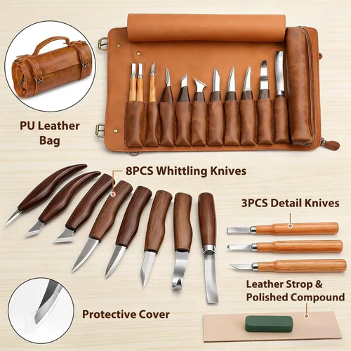 Vista 3 de Kit de Tallado de Madera Deluxe Tekchic - Cuchillo de Tallado, Juego de Cuchillos para Tallar Madera, Kit de Tallado de Madera para Principiantes
