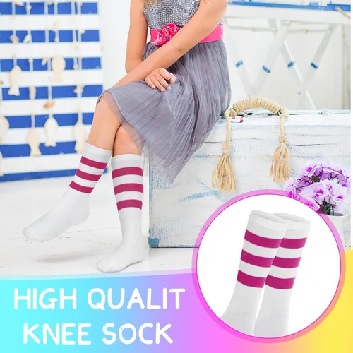 Vista 4 de Giegxin 6 pares de calcetines coloridos a rayas para niños, calcetines de tubo de color neón a rayas para niñas, fiesta de disfraces