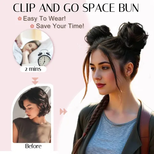 Vista 3 de Extensiones de moño espacial para mujer, 2 piezas de extensiones de moño de cabello falso natural, clip de garra, moño de pelo sintético