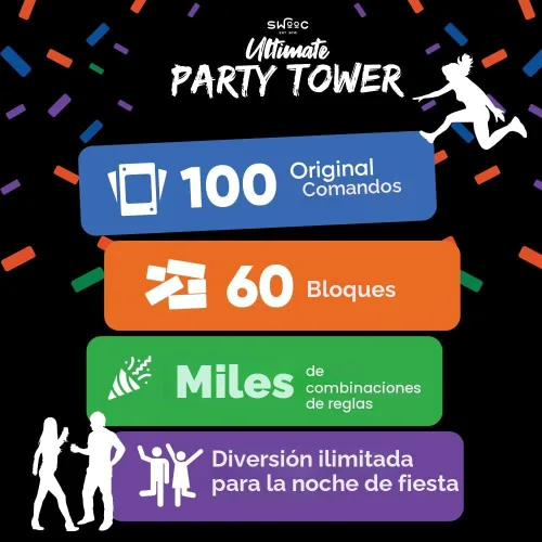 Vista 5 de SWOOC Games - Ultimate Party Tower™ - 100 Comandos Originales, 60 Bloques, y Miles de Divertidas Combinaciones de Reglas - Una Vuelta Divertida a