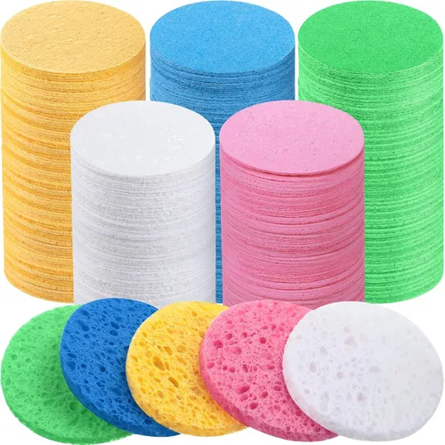 Vista 10 de Amyhill 300 esponjas faciales comprimidas, esponjas faciales naturales para limpieza, almohadillas exfoliantes faciales desechables para Azul