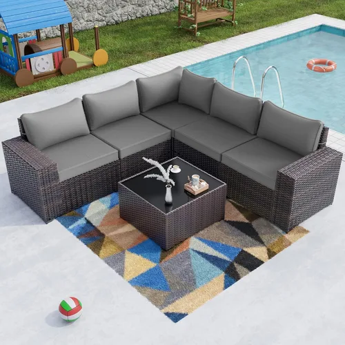 Vista 40 de Kullavik - Juego de muebles para exterior de 6 piezas con sofá modular de ratán de polietileno, color negro