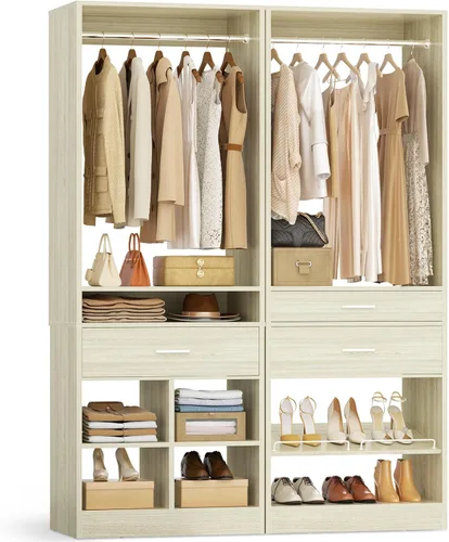 Vista 8 de Unikito Organizador de armario de 25 pulgadas de ancho x 80 pulgadas de alto, con barra para colgar y 2 cajones de madera, zapatero ajustable