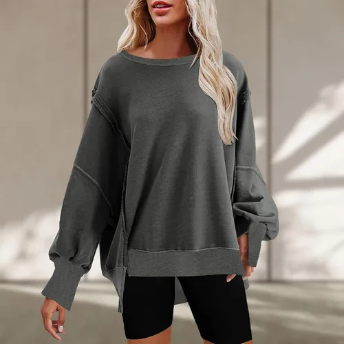 Vista 2 de Ceboyel Sudadera de gran tamaño para mujer 2023, color sólido, cuello redondo, suéter con abertura lateral, cómodo ropa de moda de otoño