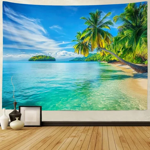 Vista 2 de Serborlur Tapiz para colgar en la pared con fondo de playa azul y mar, tapiz de pared tropical paraíso palmera, arte de pared, tapiz bohemio