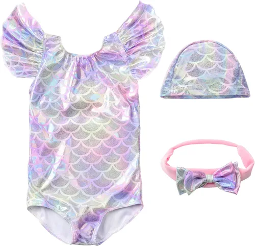 Vista 2 de JerrisApparel Girl Mermaid Swimwear Fish Scale Swimsuit Hat Headband 3PCS Set