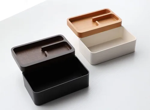 Vista 6 de REVOV - Caja de bandeja con tapa giratoria magnética de madera auténtica almacenamiento de escritorio organizador de escritorio de oficina