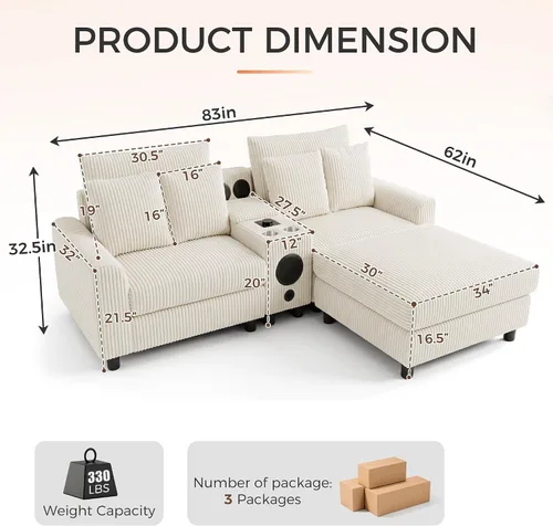 Vista 2 de MAKIAAP Sofá modular de pana de 83 pulgadas con altavoces, cómodo sofá biplaza de asiento profundo con otomana móvil, consola, cargador USB, Beige