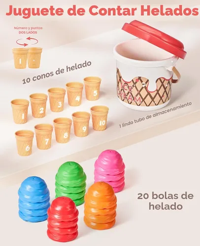 Vista 3 de JoyCat Juego de actividades de aprendizaje preescolar para helados, conteo y clasificación de colores, juguetes apilables para niños de 1 a 5 años