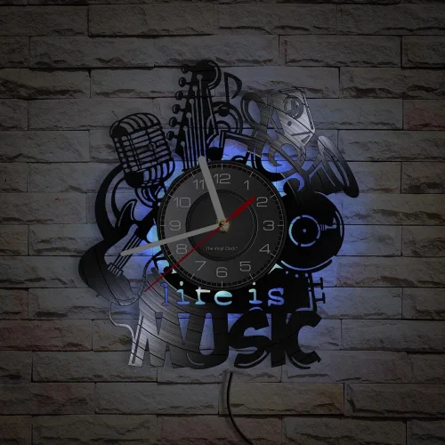 Vista 9 de Life Is Music - Reloj de pared LED de vinilo de 12 pulgadas con 7 colores que cambian silencioso, sin tictac, diseño moderno, música antigua, luz