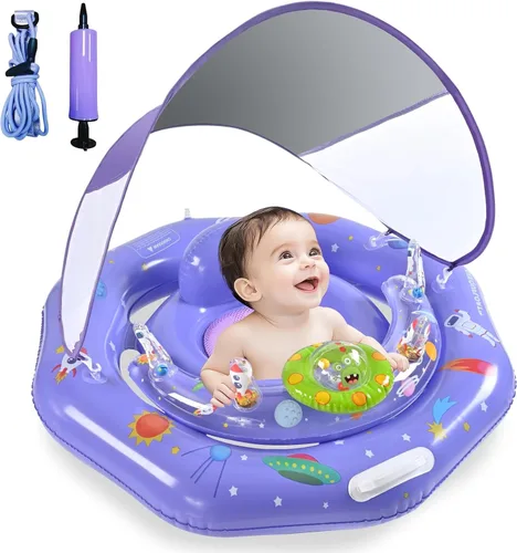 Vista 10 de Flotador de piscina para bebé con toldo y consola de juguetes, asiento seguro ajustable, parasol UPF50+ extraíble, flotador de piscina infantil