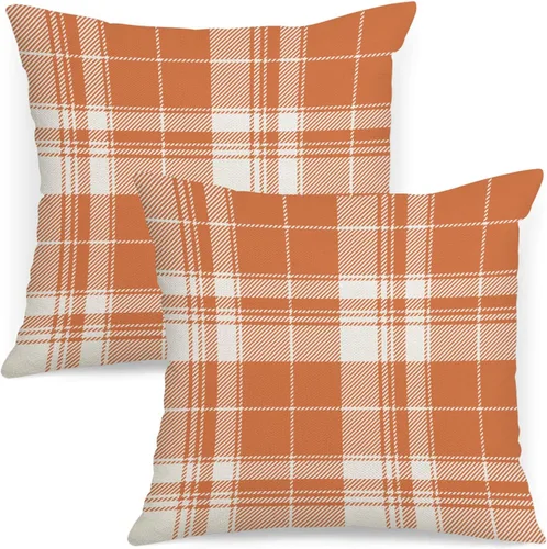 Vista 20 de AOFANGGO - Juego de 2 fundas de almohada de otoño decorativas de 16x16 pulgadas. Fundas de almohada de cuadros naranja y gris, cojines de lino