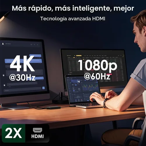 Vista 2 de Minthouz Divisor HDMI para monitores duales, adaptador universal de gráficos de video para Thunderbolt 5/4/3, USB 4, USB-A/C, Mac y Windows, USB-C a