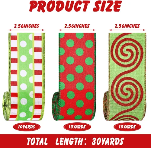Vista 4 de 3 rollos de cinta de Navidad con alambre de 30 yardas, cinta de envoltura de Navidad roja y verde lima, 2.56 pulgadas de ancho, cintas de tela