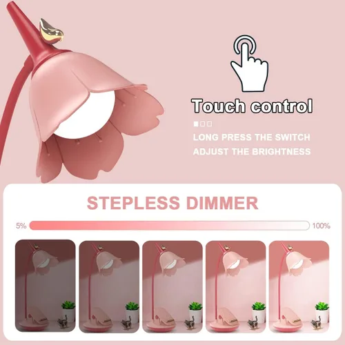Vista 5 de Lámpara de escritorio rosa con abrazadera, lámpara LED pequeña recargable, cuello de cisne ajustable, regulable, linda para dormitorio de niñas