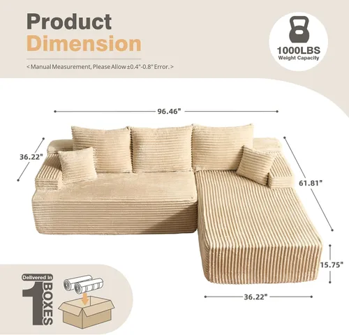 Vista 2 de Sofá modular Cloud de 96 pulgadas con tumbona, asiento profundo en forma de L, moderno sofá cama sin hueso, no requiere montaje, sofás sin hueso
