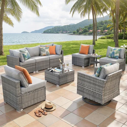 Vista 51 de ovios Juego de muebles de patio al aire libre de 5 piezas con mesa de café, conjunto seccional de muebles de patio con sofá de mimbre para todo tipo