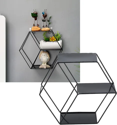 Vista 2 de Wnvivi Estantes flotantes hexagonales, soporte de exhibición de almacenamiento de pared de hierro forjado, marco de metal, estante colgante de pared