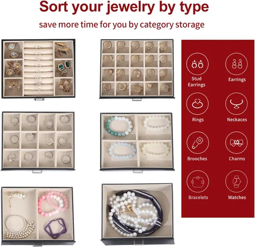 Vista 5 de Joyero para mujer, organizador grande de 6 capas con cerradura y 5 cajones para almacenamiento de joyas, joyero grande para regalo de Navidad
