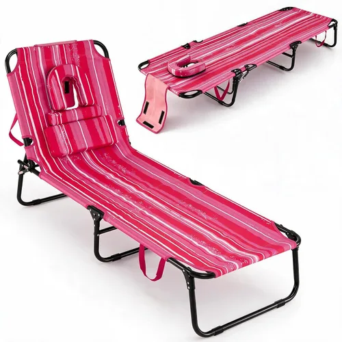 Vista 12 de GYMAX Silla de bronceado, silla de playa de 350 libras con agujero para la cara, almohada lavable y correa de transporte, tumbona plegable Ártico