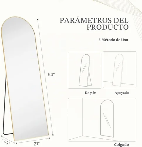 Vista 3 de Espejo arqueado de longitud completa de 64 x 21 pulgadas con soporte o pared, marco de aluminio dorado para dormitorio o sala de estar