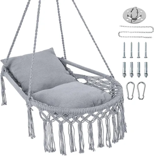 Vista 16 de Happygrill Silla de columpio, hamaca de macramé con cojín de asiento redondo, cuerdas de algodón de poliéster resistentes y anillos de metal Beige