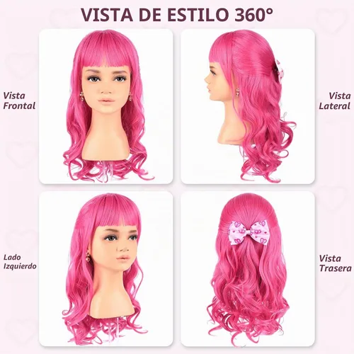 Vista 3 de Peluca larga ondulada rosa con aretes de lazo para disfraz de princesa